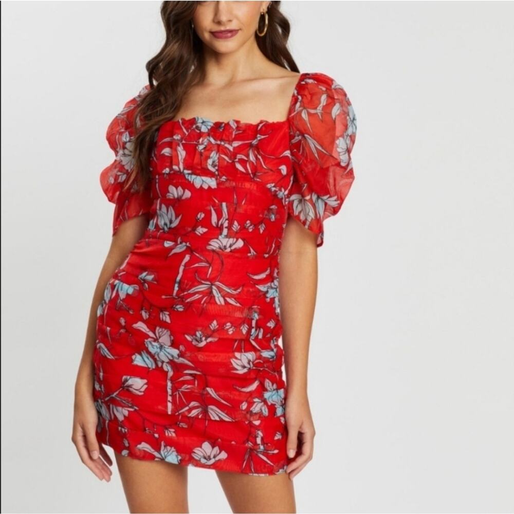 Charlie Holiday Palma Floral Puffy Sleeve Dress Women's Size 4 NWOT Milkmaid Red